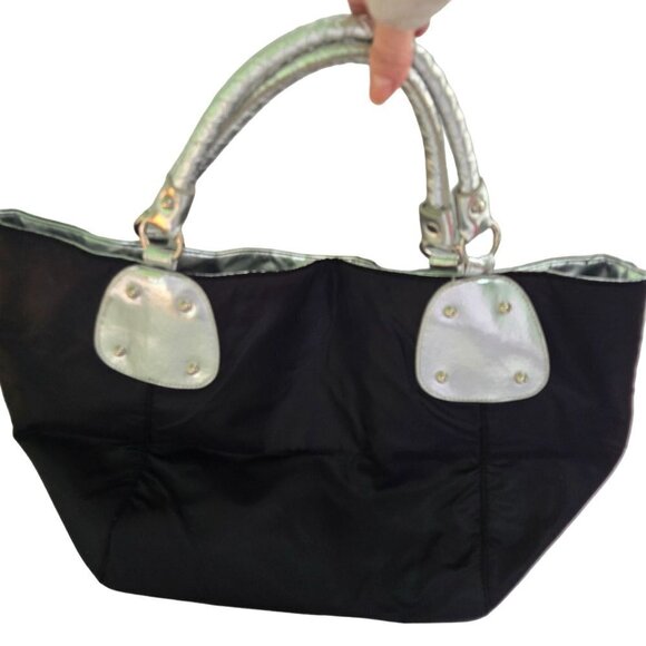 Attention Black Silver Convertible Designer Inspired Large Tote Bag - Picture 1 of 10